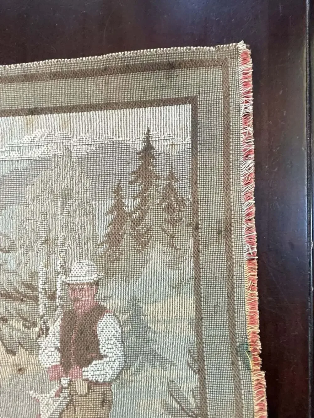 Vintage Gobelin Wall Hanging Tapestry Village Scene with Log Cabin, Dogs